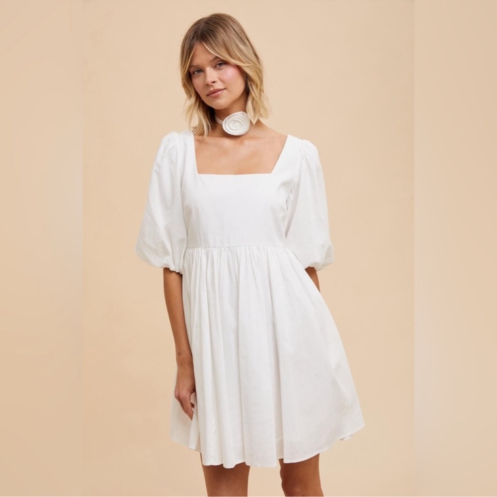 In Loom Cotton Blend Babydoll Mini Dress with Chocker in Off White